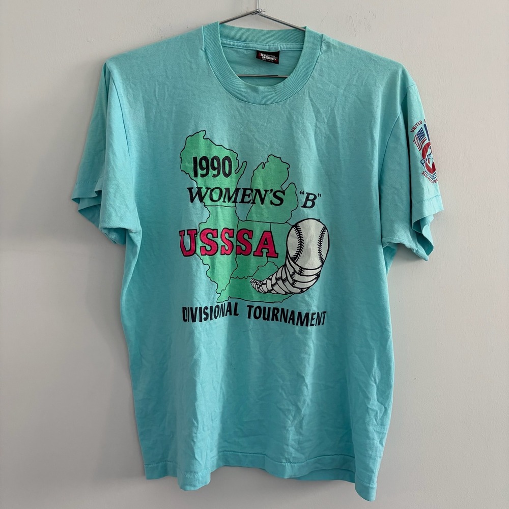 Vintage 1990 USSSA Womens B Divisional Tournament Screen Stars T-Shirt Teal L